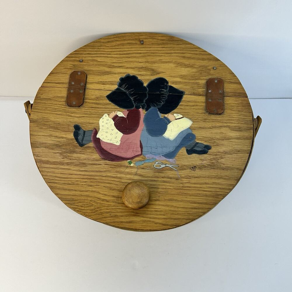 Vintage 1986 Longaberger Sewing Yarn Basket Leather Hinged Lid Painted - Picture 2 of 16